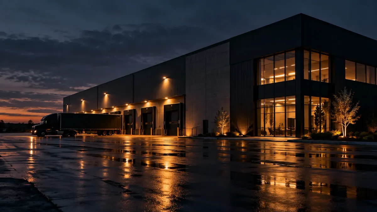 Galpão comercial iluminado ao entardecer, com caminhão na doca
