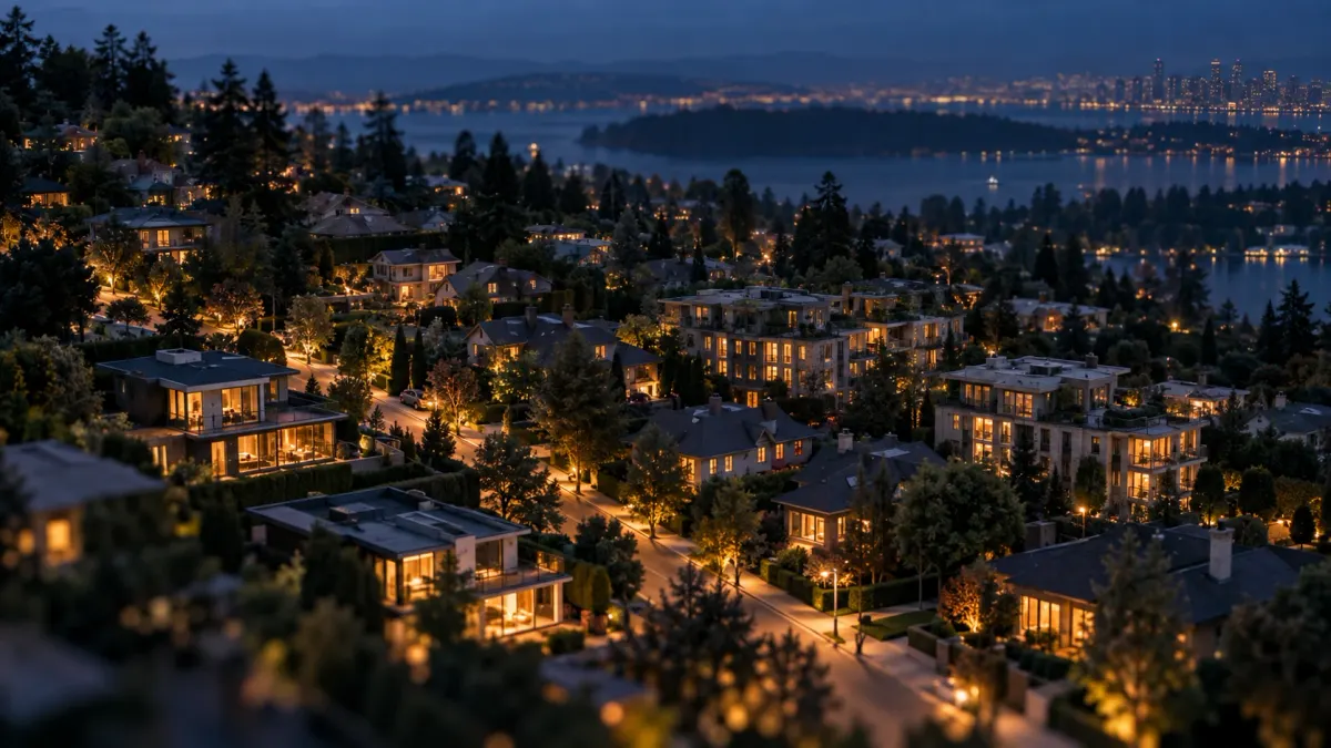 Vista aérea de bairro residencial iluminado ao anoitecer
